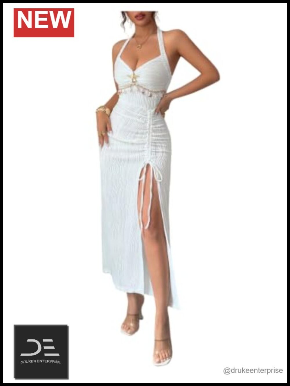 SOLY HUX Women Halter Neck Bodycon Maxi Dress Sleeveless Ruched Split Hem